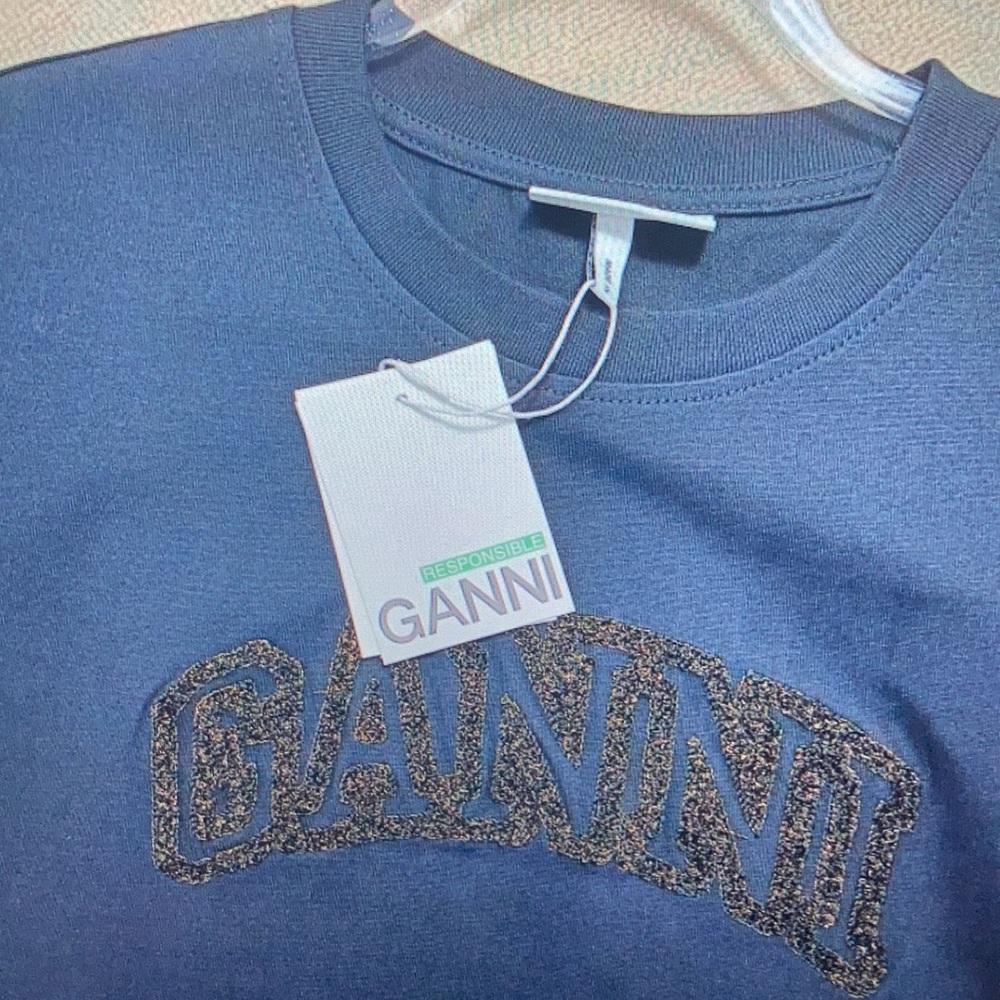 Ganni letter embroidery heavyweight pure cotton round neck loose shirt - Picture 5 of 6